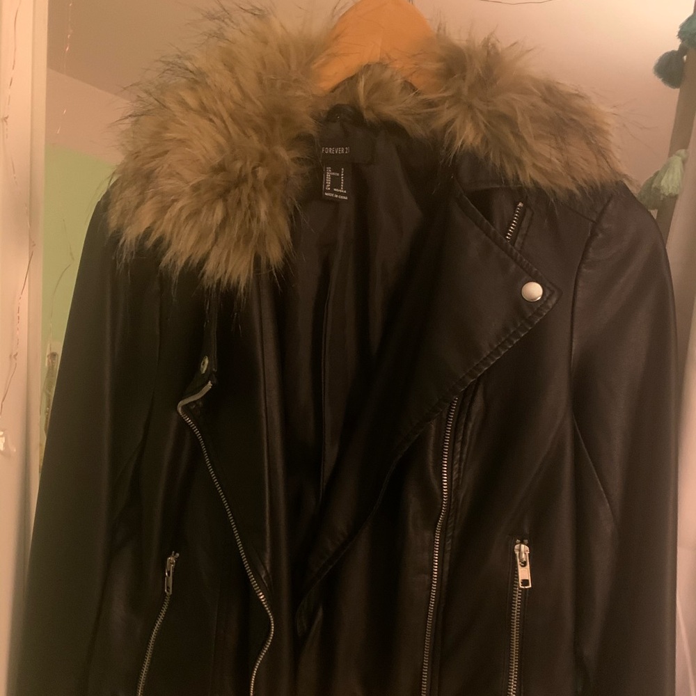 Black Leather Jacket with Detachable Fur Collar